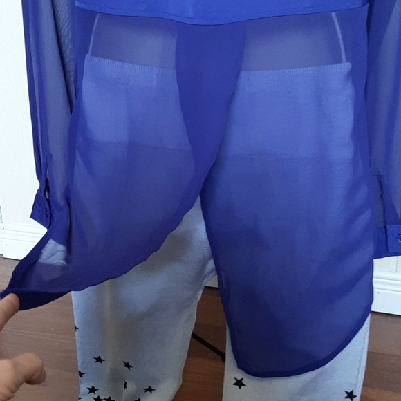 FREE PEOPLE Button Down Sapphire Blue Sateen & Sheer Slightly Fitted SZ Small - Picture 5 of 7